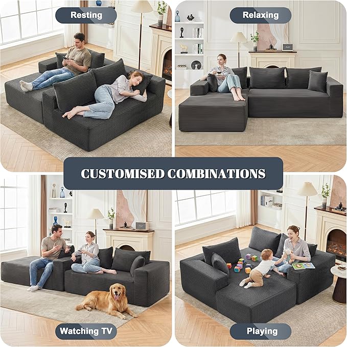 MANGODAN 110” Cloud Sectional Couch, Boneless Sofa for Living Room, Modular Sectional Sofa with Deep Seat, Comfy Fluffy Couch with L-Shaped Chaise, No Assembly Required (Left-Facing Chaise, Dark Grey)