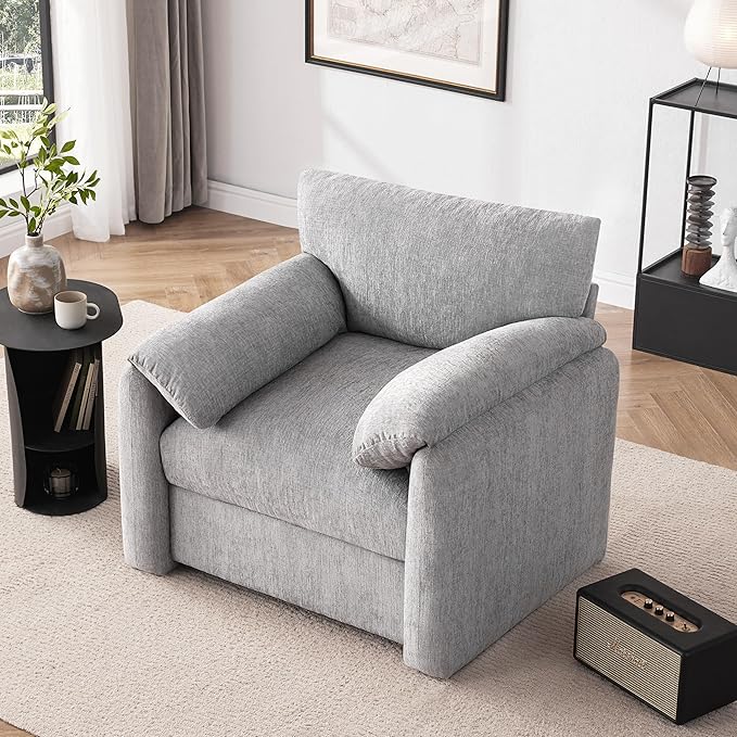 Howjoe Chenille Oversized Armchair, 38.6" Wide Accent Chairs for Living Room & Bedroom Modern Lounge Chair, Upholstered Mid-Century Reading Chair, Comfy Living Room Chair (LightGrey, 2Pack)