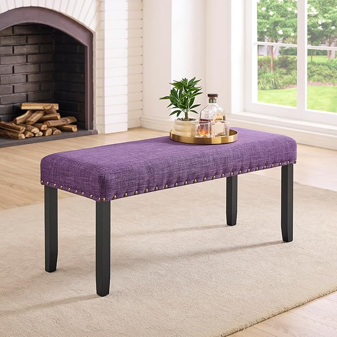 Roundhill Furniture Biony Fabric Dining Bench with Nailhead Trim, Purple