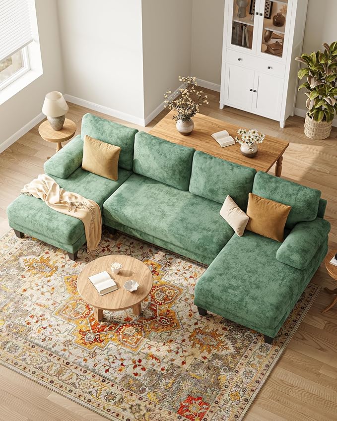 U-Shaped Sectional Couches for Living Room | 112 Inch Modern Sectional Couch | Green Chenille Sofa with Double Chaise for Apartment