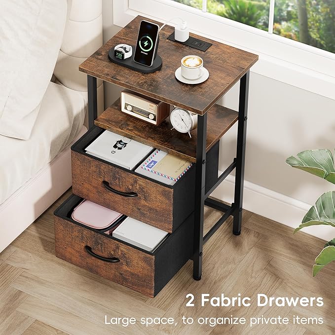 Vagusicc Nightstand Set of 2, Rustic Brown, with Charging Station and USB Ports, Bedside Table with 2 Fabric Drawers, 24.2" Tall Side Table with Storage Shelf,Small Night Stand for Bedroom/Living Room