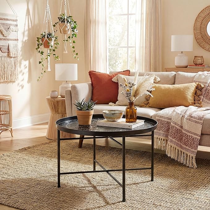 HOMCOM 24" Round Coffee Table with Hammered Tray Top, Vintage Metal Center Table for Living Room, Bedroom, Side Table, Black