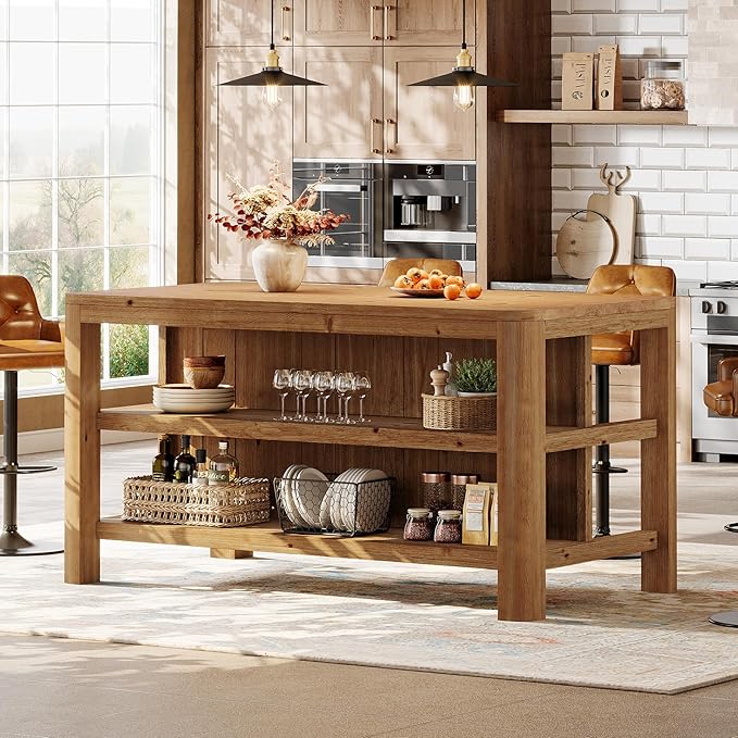 63-Inch Solid Wood Kitchen Island with Storage Shelves, Farmhouse Island Table with Seating, Counter Height Bar Table for Dining Room, Kitchen, Easy to Assemble, Natural Wood