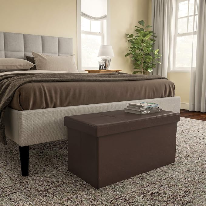 Storage Ottoman - 30-Inch Folding Faux Leather Footrest, Linen Chest, or Bench with Removable Bin for Living Room or Bedroom by Lavish Home (Brown)