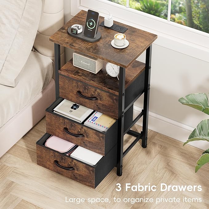 Vagusicc Nightstand with Charging Station, Bedside Table with USB Ports and Outlet, End Table Side Table with 3 Fabric Drawers and Storage Shelf, Bed Side Table Night Stand for Bedroom, Rustic Brown