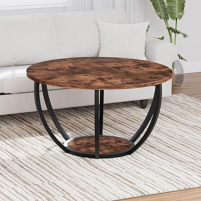 HOMERECOMMEND 28" Round Coffee Table with Storage,2-Tier Wood Accent Center Table for Living Room,Sofa Table for Home Office, Brown