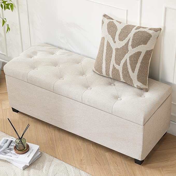 Mangodan 43 Inch Linen Storage Ottoman Bench, Foot Rest with Legs, End of Bed Bench, Storage Chest, Load up to 660 Lb, Ottoman with Storage Bench for Living Room, Bedroom, Entryway (Light Beige)