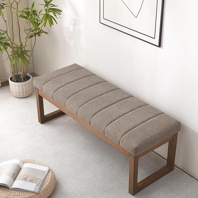 Zihanhome 52.7" Bedroom Bench for End of Bed, Modern Upholstered Teddy Fabric Entryway Bench & Dining Bench, Footrest Stool Bench with Solid Wood Frame for Bedroom, Living Room (Dark Brown)