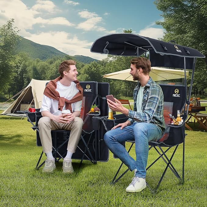 Nice C Chair with Canopy, Heated Camping Chair with Battery, Outdoor Sports Chairs with Shade, Heated Folding Umbrella Lawn Chairs, with Removable Footrest (2-Pack)