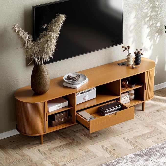 DHH 71" Fluted TV Stand with Power Outlet for TVs up to 80",TV Console with Adjustable Shelves and Sliding Door,Mid Century Modern Entertainment Center for Living Room,Bedroom (Yellow Walnut, 71Inch)