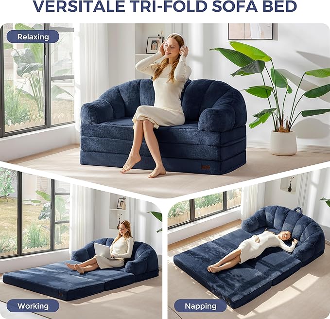 MAXYOYO Folding Sofa Bed, 2 in 1 Convertible Sofa to Lounger Comfy Loveseat Bean Bag Chair for Adults, Floor Sleeper Couch with Handle, Faux Fur Couch Bed for Living Room Bedroom, Navy, Loveseat