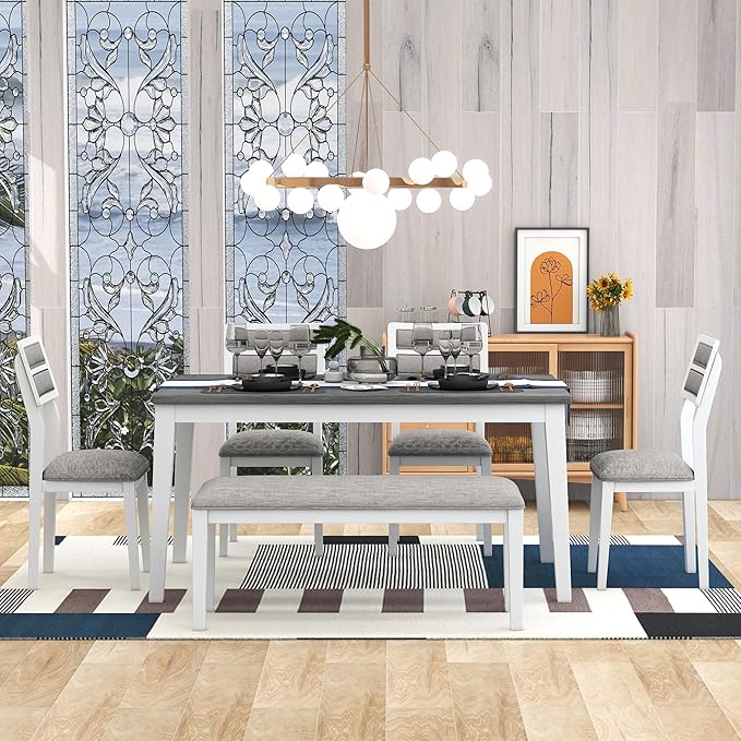 Harper & Bright Designs Kitchen Dining Table Set for 6, Classic and Traditional Style 6 Piece Kitchen Dining Table Set, 4 Upholstered Chairs & Bench (White+Gray)