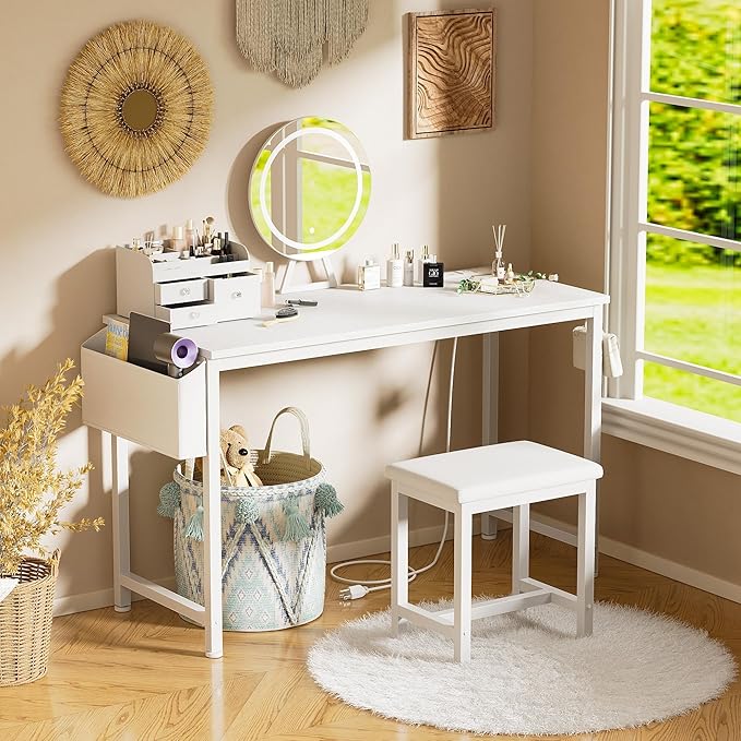 White Vanity Table with Lighted Mirror - 47“ White Vanity Desk with Mirror and Lights & Chair, Makeup Vanitys Set with Power Outlet, Dressing Table Vanities for Girls Bedroom