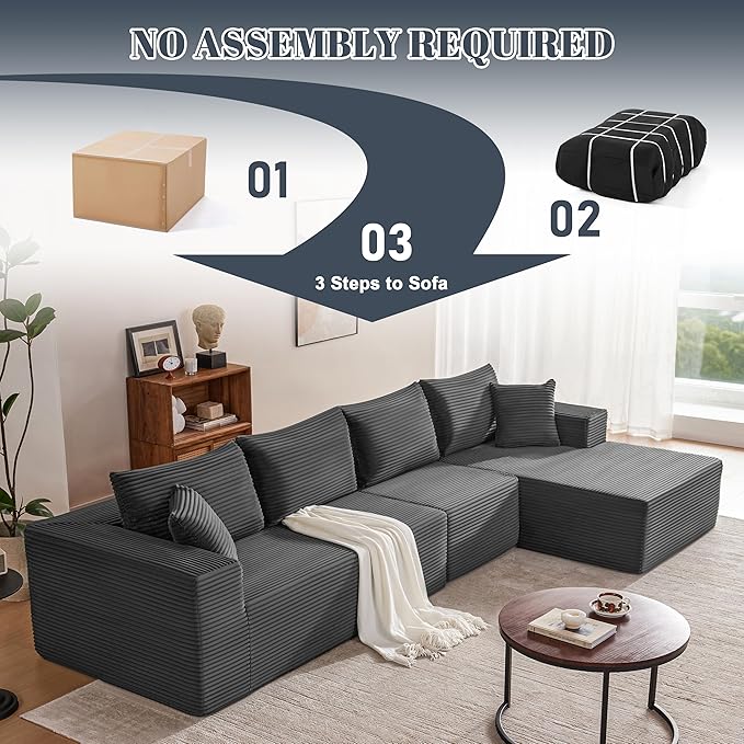 Mangodan 140” Cloud Sectional Couch, Boneless Sofa for Living Room, Modular Sectional Sofa with Deep Seat, Comfy Fluffy L-Shaped Couch with Right-Facing Chaise, No Assembly Required, Grey