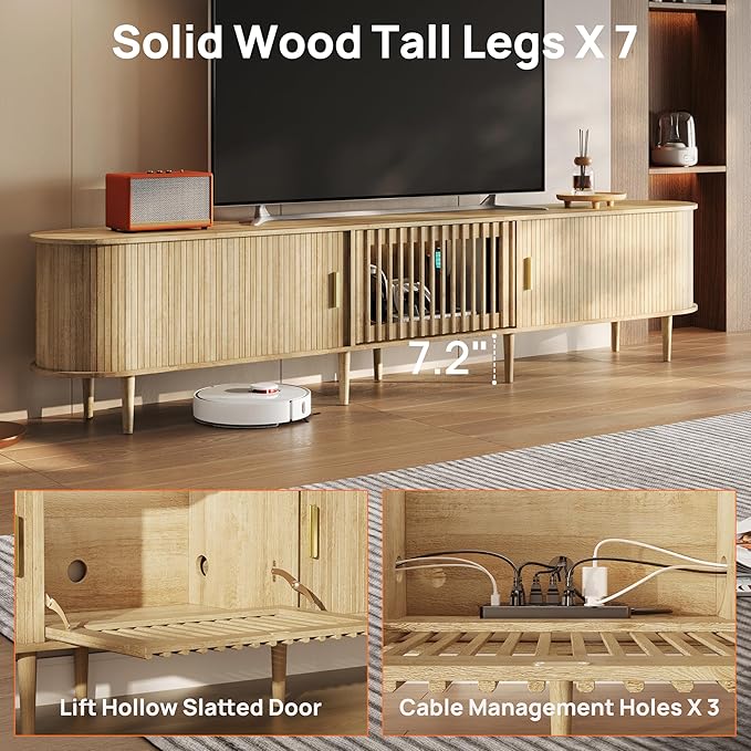 94.5" Fluted Mid Century Modern TV Stand for TVs Up to 80/85/86/90/98/100", Tambour Sliding Doors Entertainment Center with Storage&LED, Curved Media & TV Console Long TV Stands for Living Room, Oak