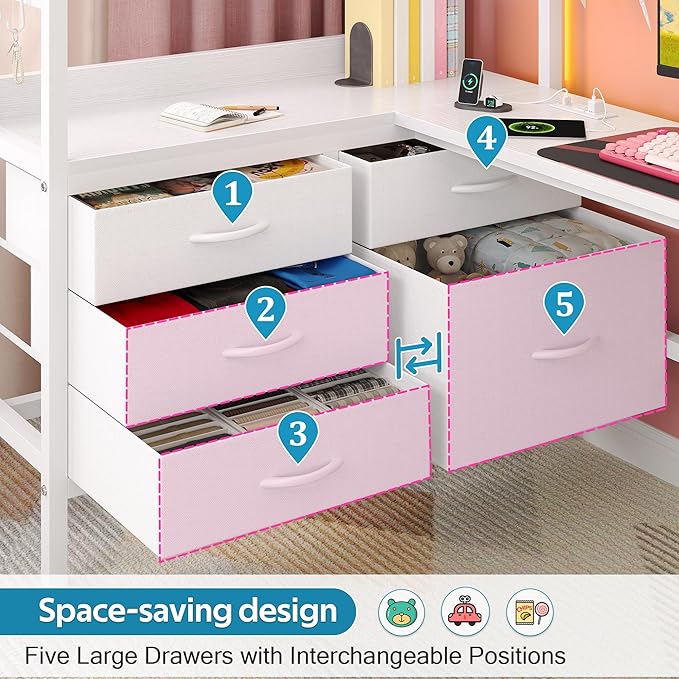 busyaeh Loft Bed with Desk,Twin Loft Bed with Desk & LED Lights and Charging Station,Bunk Bed with Desk & 5 Large Drawer Cabinets and 2 Open Shelves,Loft Bed Twin Size with Safety Guard Ladder,White