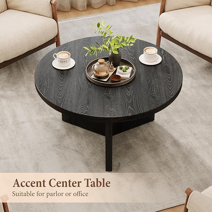 Luoxiao 31.5" Black Round Coffee Table Modern Circle Center Table for Living Room, Space-Saving Wood Accent Table for Apartments, Study, with Adjustable Feet Pads, Easy Assembly