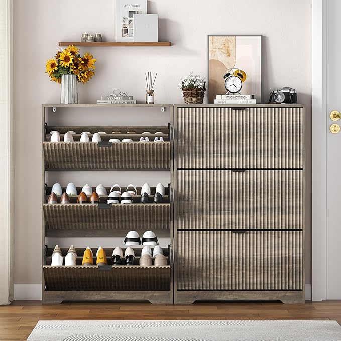 HUANLEGO Shoe Cabinet Storage for Entryway with 3 Flip Drawers, Grey Fluted Shoe Cabinet with Adjustable Shelves, Wooden Hidden Shoe Rack Freestanding Narrow Slim Shoes Storage for Hallway, Entrance