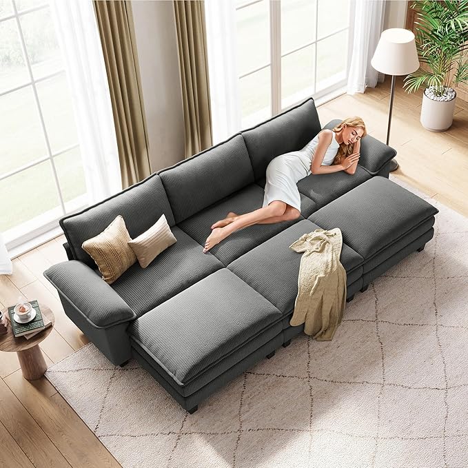 LINSY HOME 123" Modular Sectional Sofa, 3-Seat Corduroy Modern Cloud Couch with Deep Seat & 3 Movable Ottoman, Perfect for Living Room, Office, Bedroom, Grey