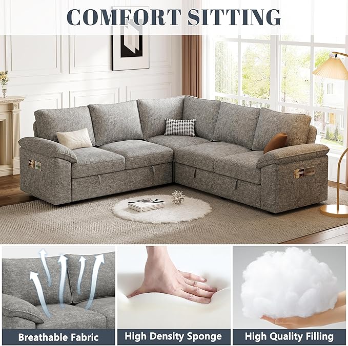 85 Inch Modular Sectional Sofa with Pull Out Bed, L Shaped 5 Seat Sectional Sleeper Sofa with Storage, Sectional Couches for Living Room, Cloud Modular Couch,Removable Sofa Cover,Light Grey