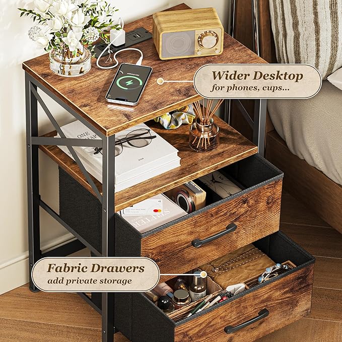 Huuger Night Stand with Charger Station, 2 Drawer Nightstand with Open Shelf, Bed Side Table with USB-C Port, End Table, Compact Size for Small Spaces, X Shaped Side Rail, Rustic Brown