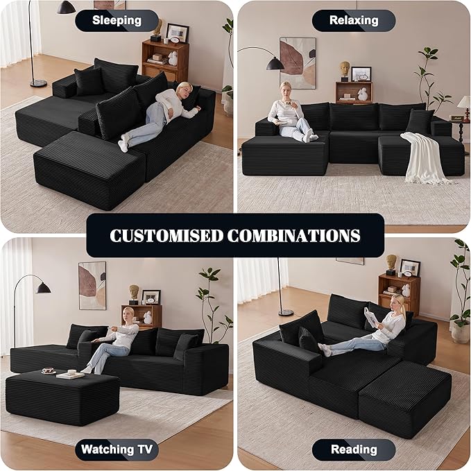 Mangodan 110” Cloud Sectional Couch, Boneless Sofa for Living Room, Modular Sectional Sofa with Deep Seat, Comfy Fluffy U-Shaped Couch with Right-Facing Chaise, No Assembly Required, Black