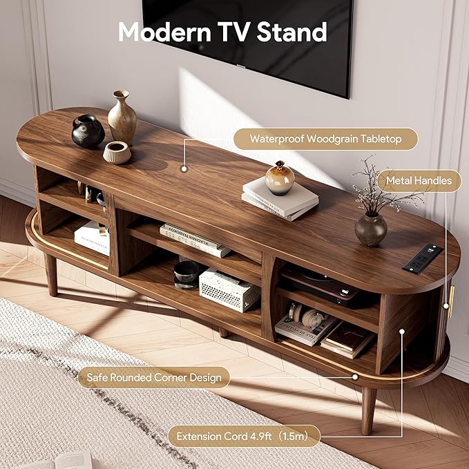 Decofy Mid Century TV Stand for TVs up to 70 Inches, Entertainment Center with Storage, Power Outlet, Fluted Sliding Doors & Adjustable Shelves, Modern Media TV Console Table for Living Room (Walnut)