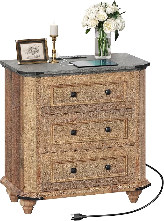 DWVO 29" Wide Nightstand with Charging Station, Farmhouse Bedside Table with 3 Drawers, Wood Night Stand w/Storage, Rustic Bed Side End Table for Bedroom Dorm Small Space, Brown