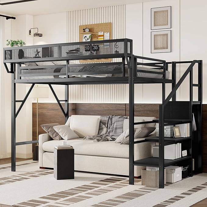 KEIKI Twin XL Size Metal Loft Bed Frame with Convertible Staircase, Built-in Storage Shelves & Wardrobe, Loft Bed with Solid Slat & Guardrail, No Box Spring Required, Easy Assembly, for Bedroom, Black