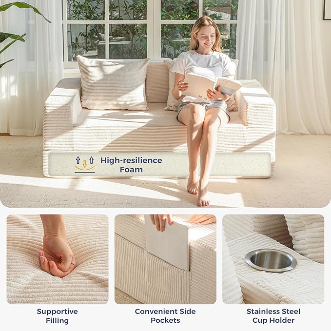 MAXYOYO Loveseat Sofa Bed, 64" Foldable Floor Sofa Couch in A Box with 2 Cup Holders, 4 in 1 Convertible Boneless Couch Folding Recliner Sleeper Chair for Living Room, No Assembly Required, Beige