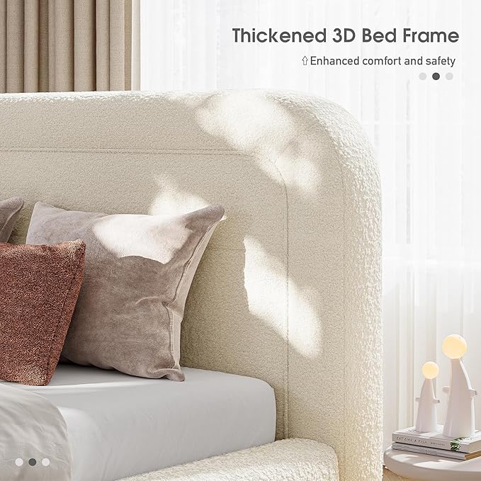 Homkdom Cloud Bed Frame with Headboard, Upholstered Soft Queen Bed Frame with Round Edges, Boucle Platform Bed for Modern Bedrooms & Apartment & Guest Rooms, No Box Spring Needed,Beige