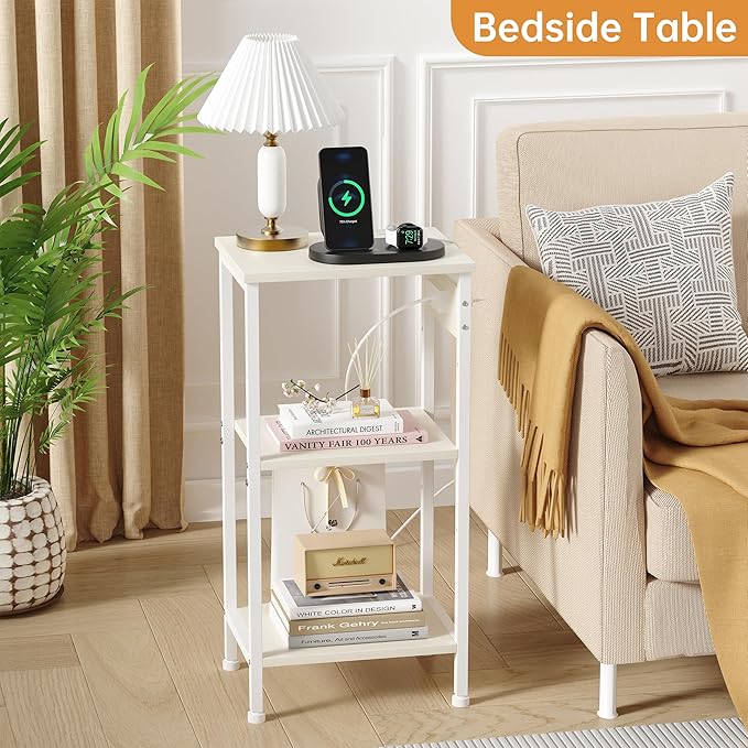 Asgolion Tall End Table with Charging Station, 3 Tier Narrow Tall Nightstand with Storage, Slim Side Table for Bedroom, Living Room, Nursery, Office, Cream White