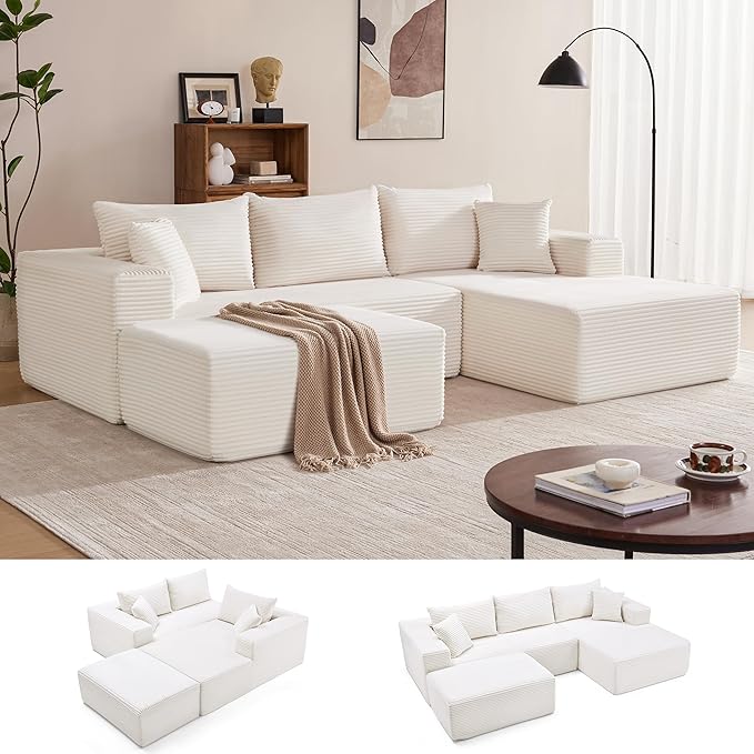 Mangodan 110” Cloud Sectional Couch, Boneless Sofa for Living Room, Modular Sectional Sofa with Deep Seat, Comfy Fluffy U-Shaped Couch with Right-Facing Chaise, No Assembly Required, Beige