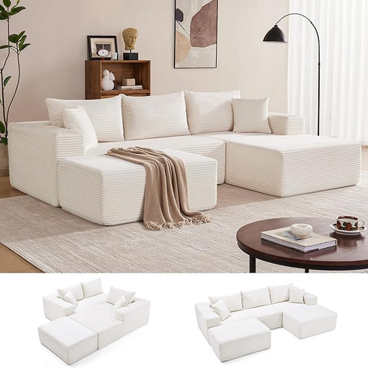 Mangodan 110” Cloud Sectional Couch, Boneless Sofa for Living Room, Modular Sectional Sofa with Deep Seat, Comfy Fluffy U-Shaped Couch with Right-Facing Chaise, No Assembly Required, Beige