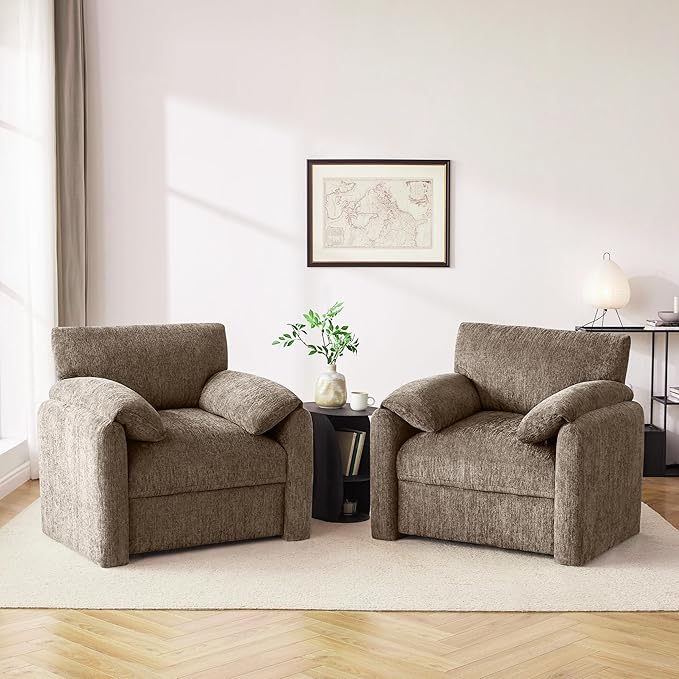 Howjoe Chenille Oversized Armchair, 38.6'" Wide Accent Chairs for Living Room & Bedroom Modern Lounge Chair, Upholstered Mid-Century Reading Chair,Single Sofa Chair(Brwon, 1 Pack)