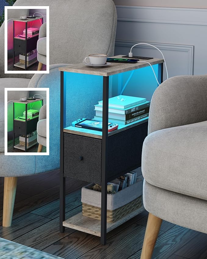 TUTOTAK Small Narrow LED End Table with Charging Station, Side Table Outlets, Nightstand with Cloth Drawer, Set of 2, Couch Table, for Living Room, Bedroom, Bedside, Greige TB01BG059
