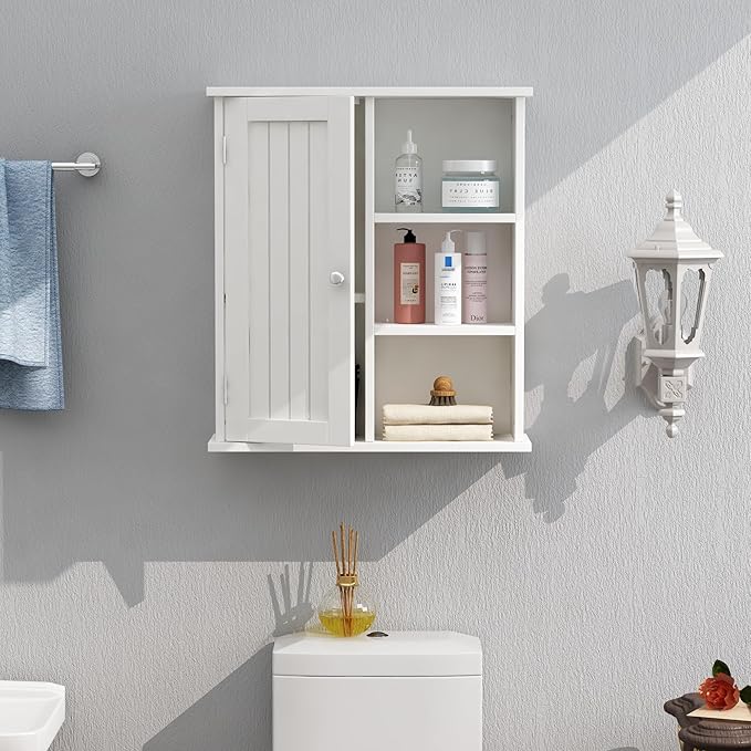 Treocho Bathroom Wall Cabinet, Medicine Cabinet with Door and 3 Open Shelves, Wall Mounted Storage Organizer for Bathroom, Kitchen, Living Room, White