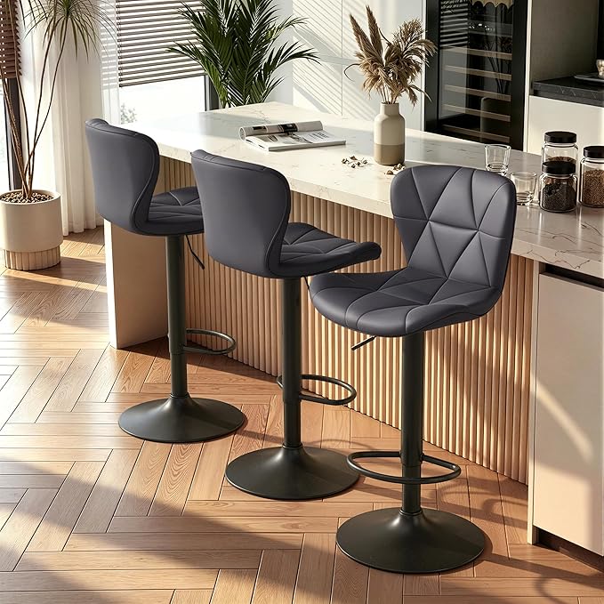 Nalupatio Modern Bar Stools Set of 3, Adjustable Faux Leather Upholstered Swivel Bar Stools, Counter Height Bar Chairs with Back for Kitchen Island, Dark Grey