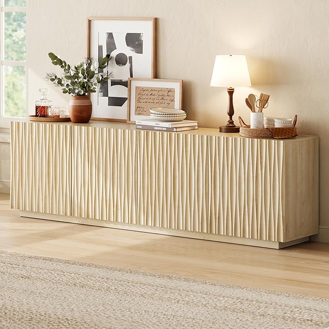 CHIC HOUSE 70" Fluted Mid Century Modern Buffet Cabinet with Storage, Farmhouse Storage Sideboard Cabinet with Doors, Accent Cabine & Media Console for Living Room, Entryway, Natural Oak