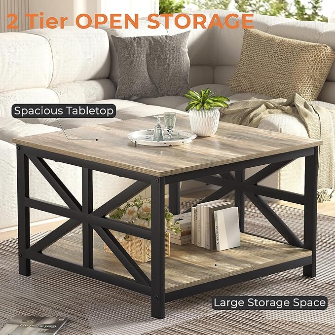 GreenForest Modern Living Room Coffee Table with 2 Tier Storage, Small Square Wood and Metal Farmhouse Center Table with Seamless One-Piece Tabletop, 27.55 Inch, Grey Wash