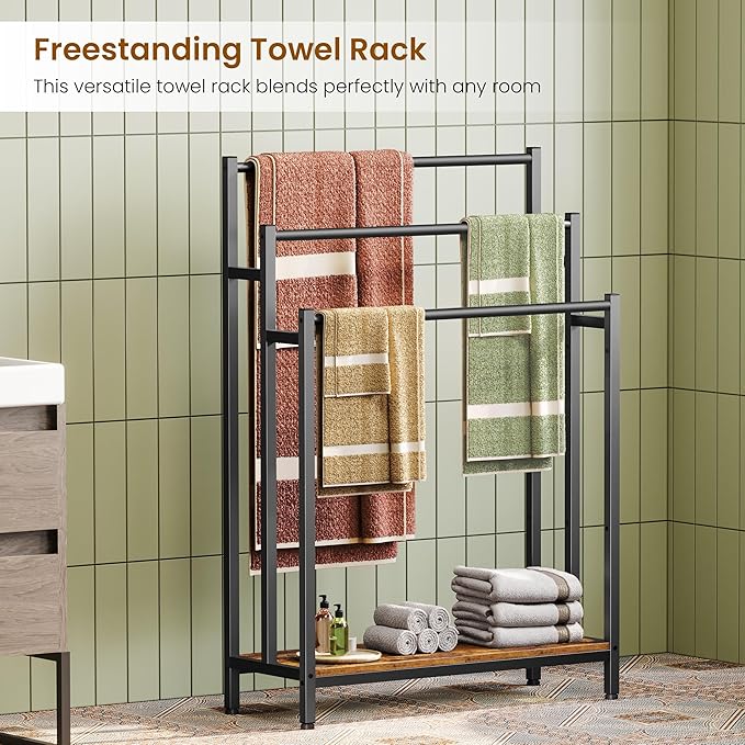 46" Extra Large Freestanding Towel Rack Stand for Bathroom, 3 Tier Blanket Ladder Holder, Outdoor Bath Towel Drying Rack with Shelf, Next to Tub or Shower, Quilt Rack, Rustic Brown and Black