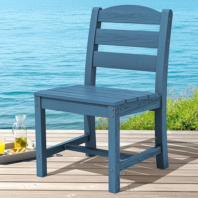 SERWALL Outdoor Armless Dining Chairs Set of 4, All-Weather HDPE Patio Dining Chairs with 19.7" Widened Seat and Curved Backrest for Backyard, Garden, Blue