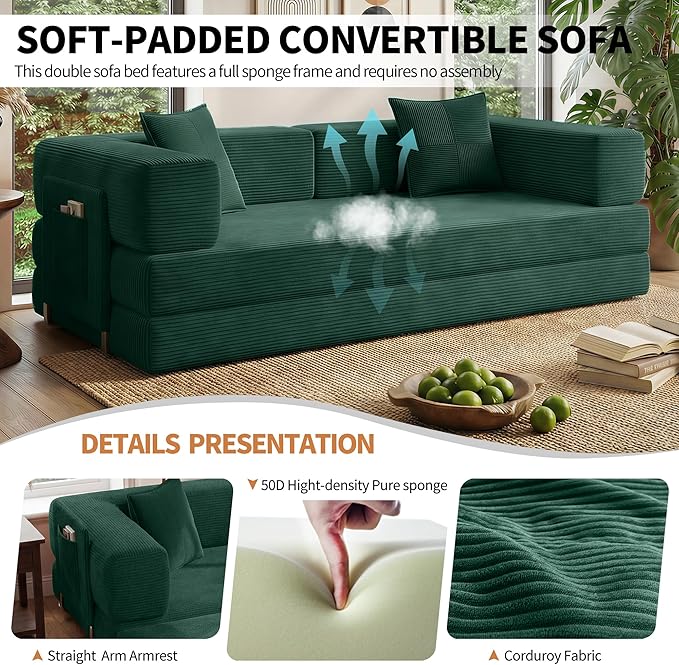 78.8" Convertible Sofa Bed with Armrest Pillow, 4-in-1 Sleeper Couch Bed for Livingroom, Modular Corduroy Boneless couches, No Assembly (Emerald Green)