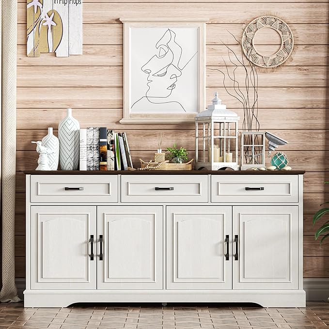 66" Large Sideboard Buffet Cabinet with Storage, Farmhouse Buffet Table Coffee Bar Wine Bar Kitchen Storage Cabinet with Drawers for Dining Room, Living Room, White & Walnut