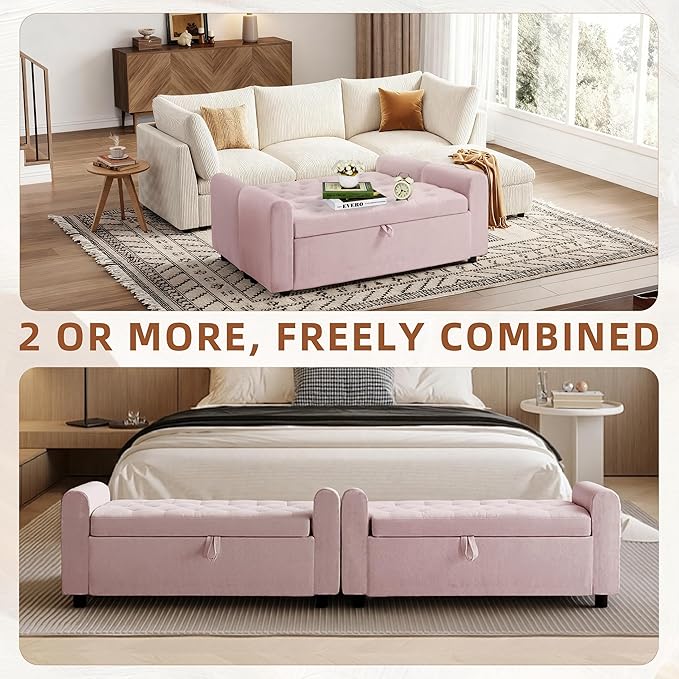48" Ottoman with Storage, Tufted Storage Ottoman Bench, Convenient Living Room Fabrics Bench Seat, Entryway Shoe Benches with Inner Zipper & Arm, Rivetless Upholstered Window Seat Ottomans, Pink
