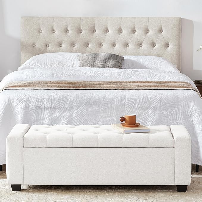 Huatean Home 48" Ottoman with Storage, White Storage Ottoman Bench with Safety Hinge, Upholstered Entryway Bench with Seating for Bedroom, Living Room, Holds up to 330 lb