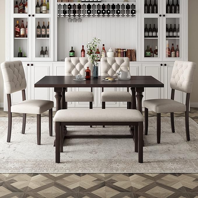 Harper & Bright Designs 6-Piece Dining Table and Chair Set with Special-Shaped Legs and Foam-Covered Seat Backs&Cushions for Dining Room (Espresso)