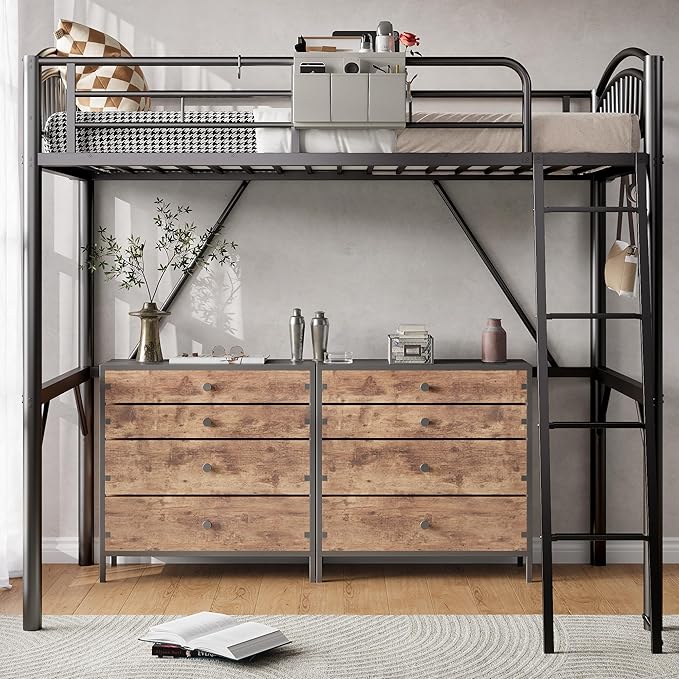 Decofy Metal Loft Bed Twin Size, Heavy Duty Loft Bed with Bedside Caddy, EVA Anti-Slip Ladder with Sturdy Guardrails, Space-Saving Twin Size Loft Bed for Teens & Adults for Bedroom Dorm (Black)