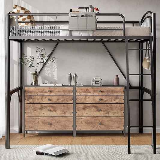 Decofy Metal Loft Bed Twin Size, Heavy Duty Loft Bed with Bedside Caddy, EVA Anti-Slip Ladder with Sturdy Guardrails, Space-Saving Twin Size Loft Bed for Teens & Adults for Bedroom Dorm (Black)