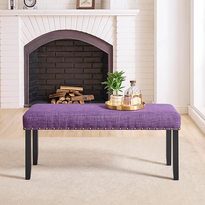 Roundhill Furniture Biony Fabric Dining Bench with Nailhead Trim, Purple